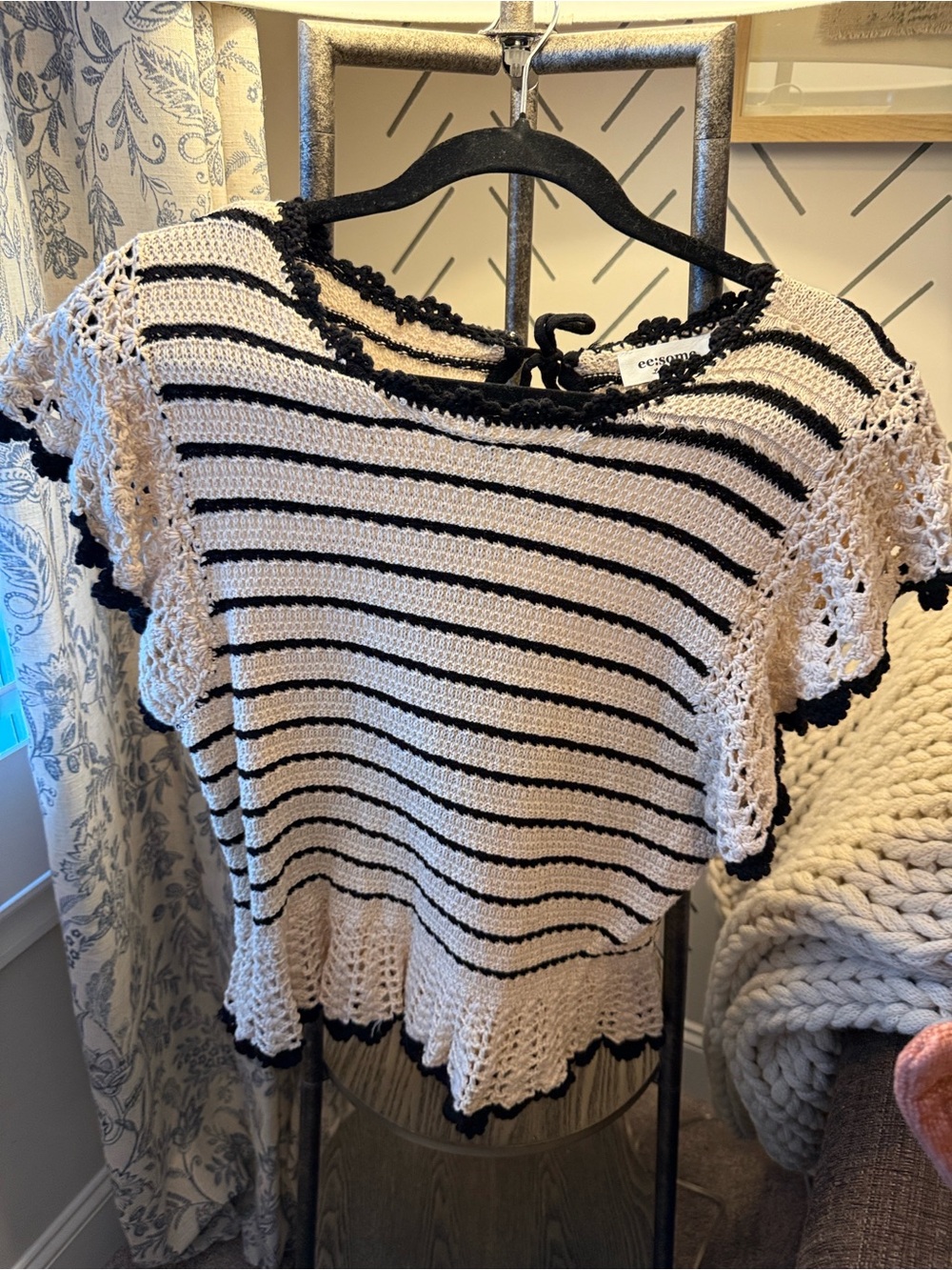 ee:someStriped Knit Top in Black and Cream flutter sleeves.